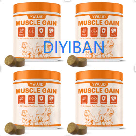 Four-canister bundle of YWUJID Muscle Gain dog soft chews arranged in a 2x2 grid