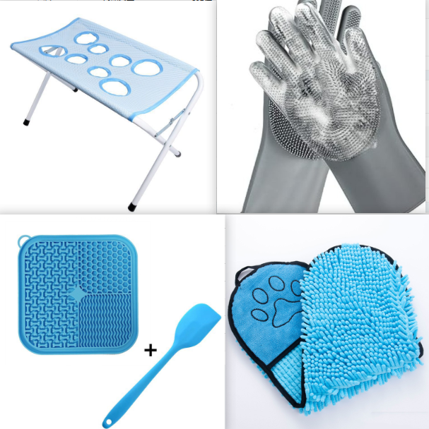 Collage of the folding bath hammock stand with a grooming glove, scrubber brush, and microfiber towels