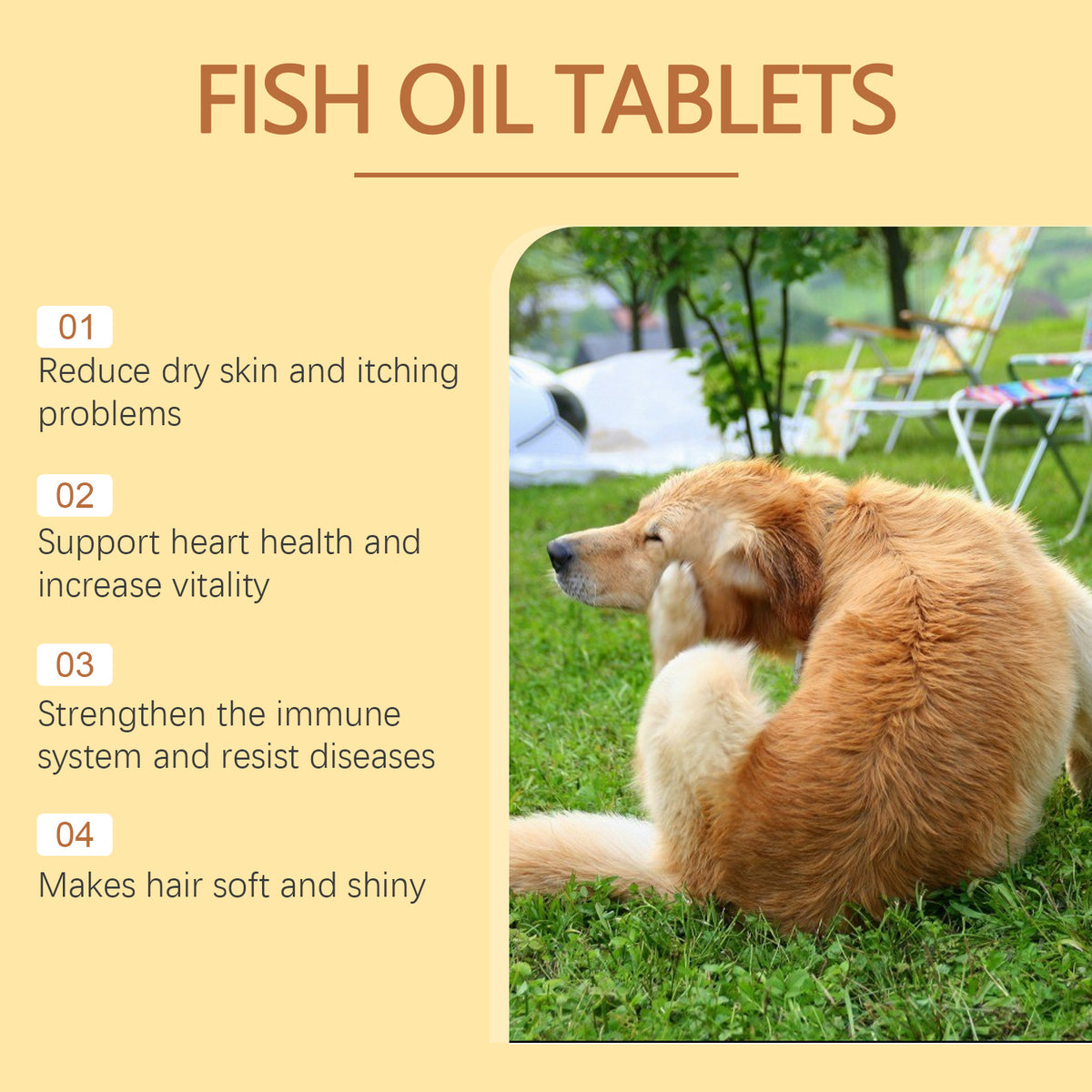 Fish Oil Tablets benefits list beside a golden retriever scratching itself