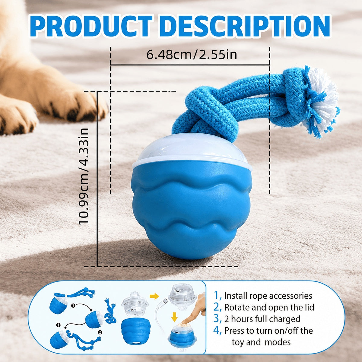 Dimension diagram of the ball toy labeled 6.48cm by 10.99cm with charging setup instructions