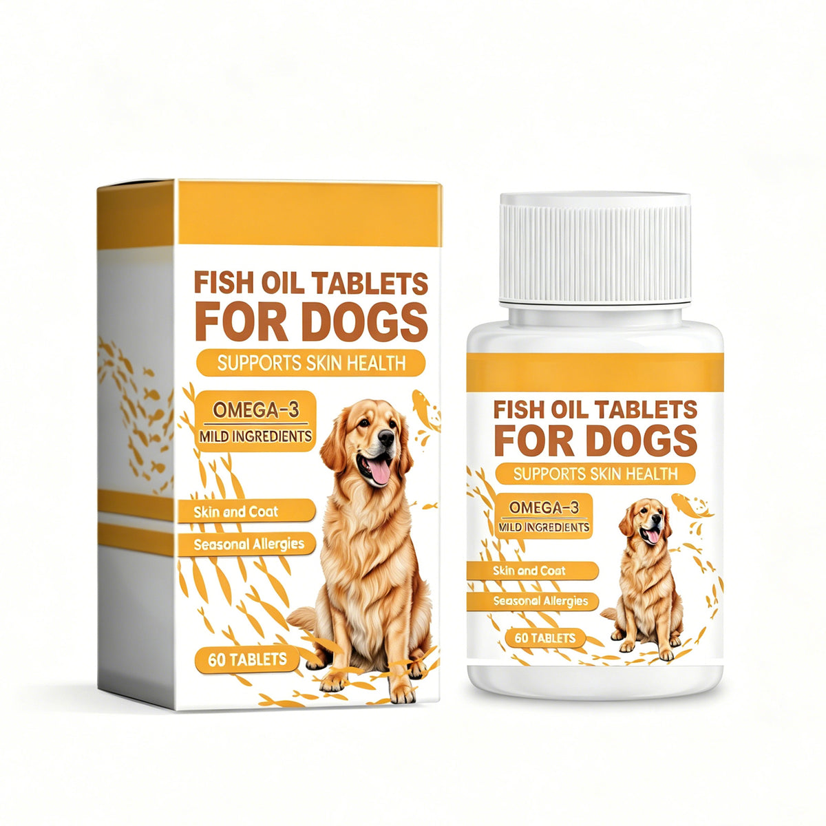 Fish Oil Tablets for Dogs box and bottle on a white background