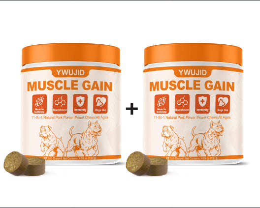 Two-canister bundle of YWUJID Muscle Gain dog soft chews with a plus sign between them