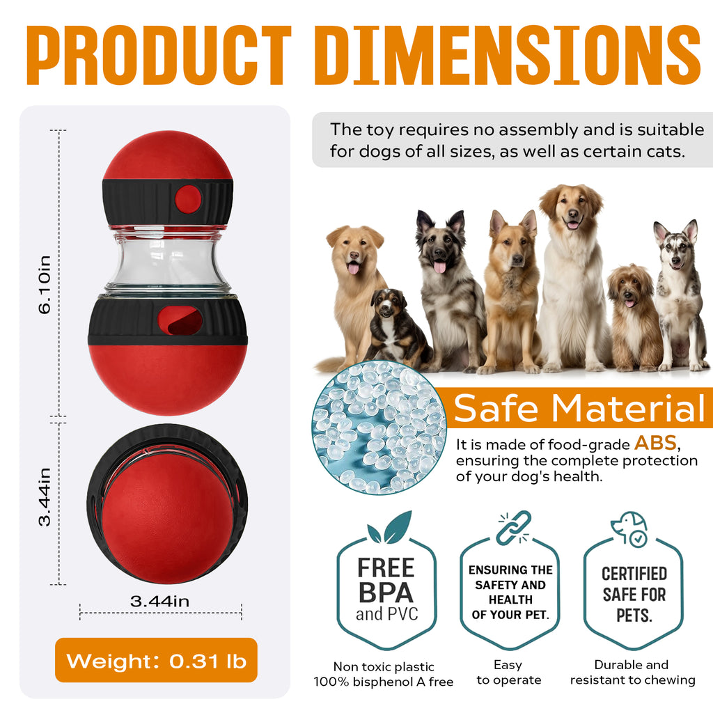 Product Dimensions infographic listing the treat ball's size, weight, and BPA-free safe material