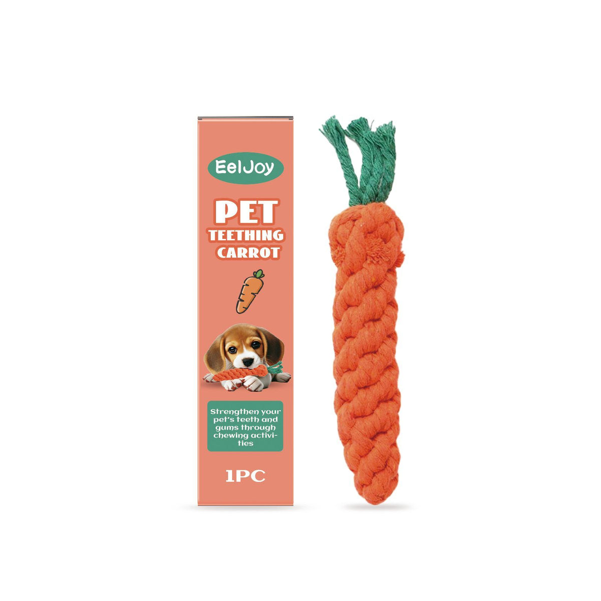 Close-up of the carrot-shaped chew toy and its retail box on a plain background