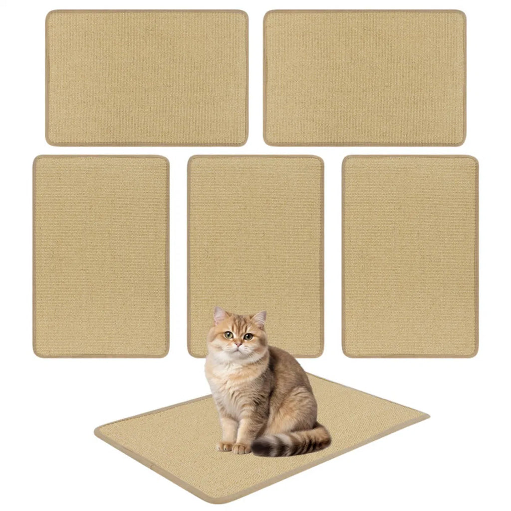 Six-piece sisal cat scratching mat set laid out with a cat sitting on the floor mat