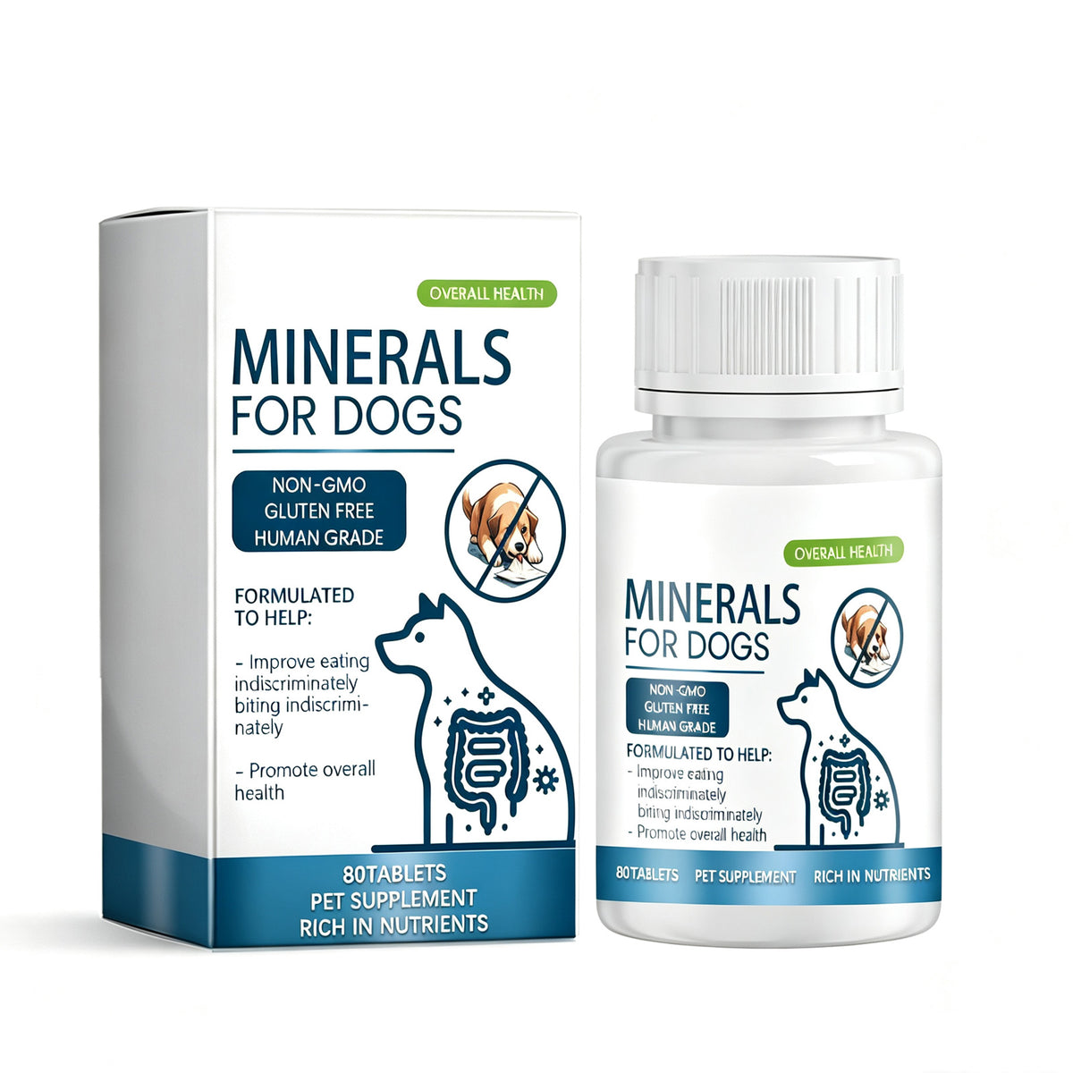 Packaging box and pill bottle for Minerals for Dogs mineral supplement tablets