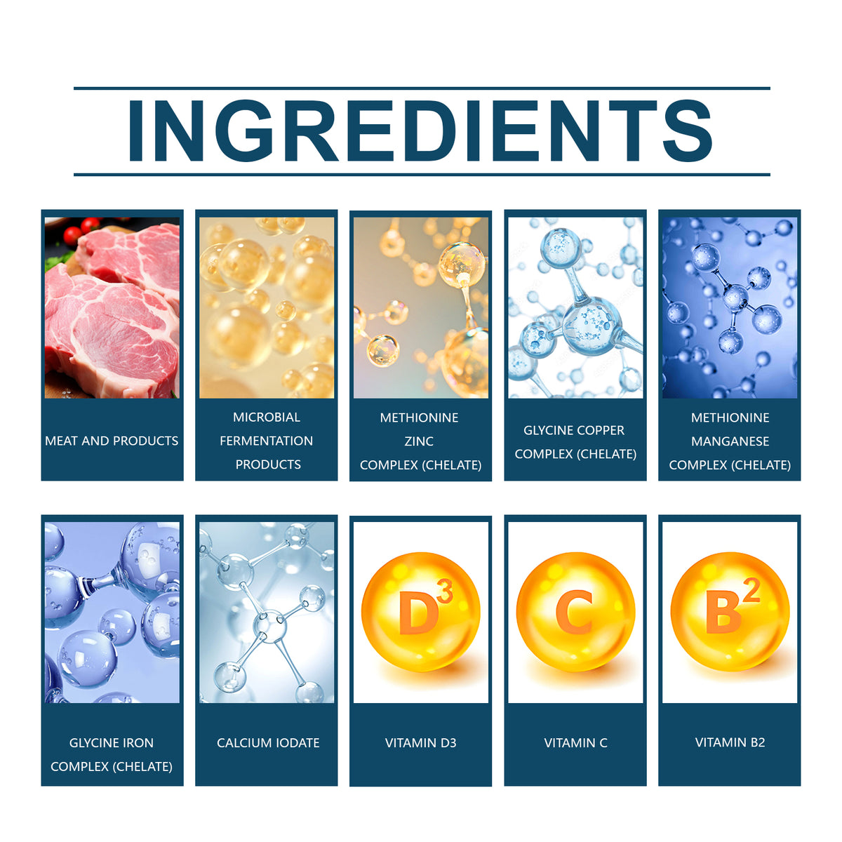Ingredient panel showing meat, zinc, copper, iron, calcium, and vitamin D3, C, B2 complexes