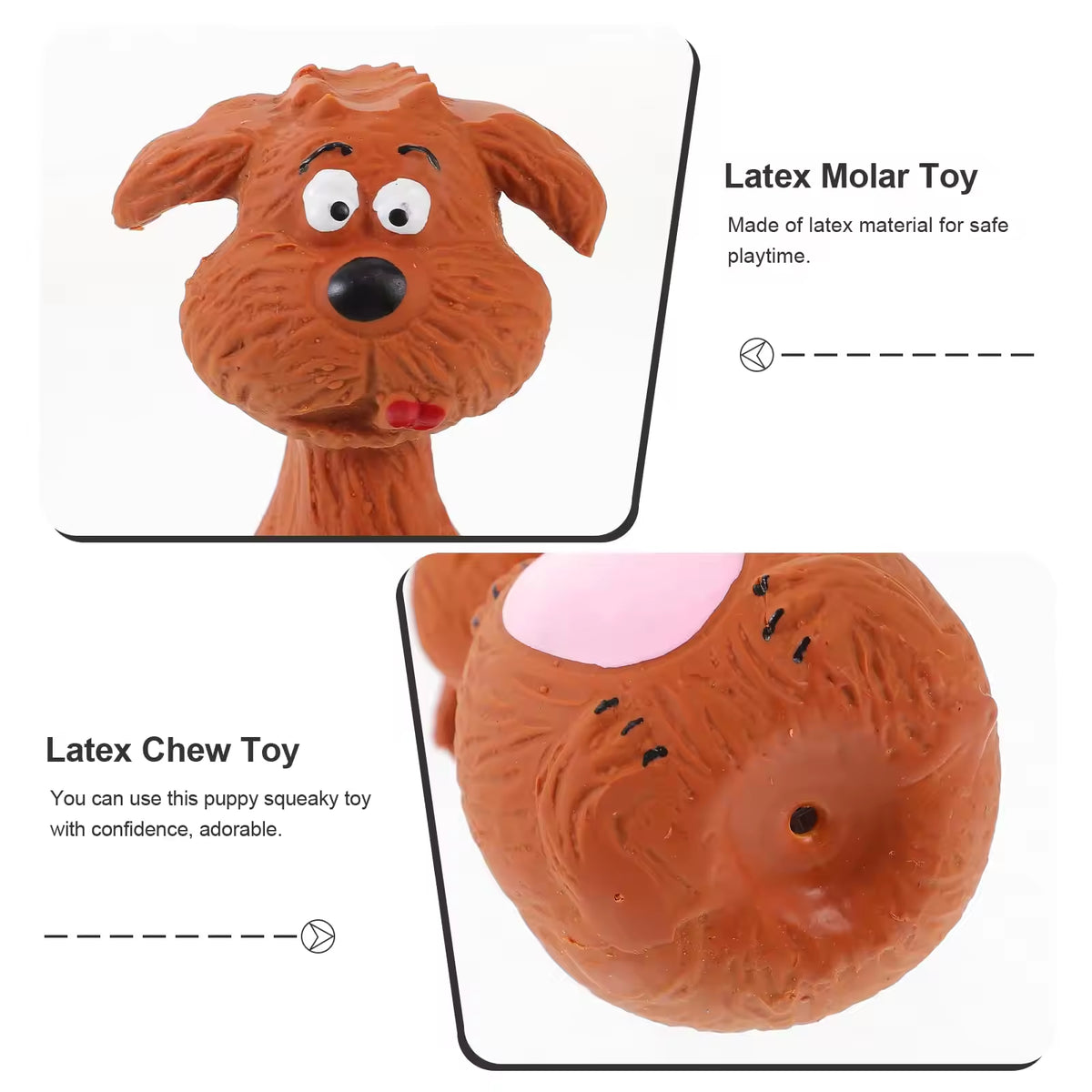 Diagram showing the latex molar and chew toy's squeaker material construction