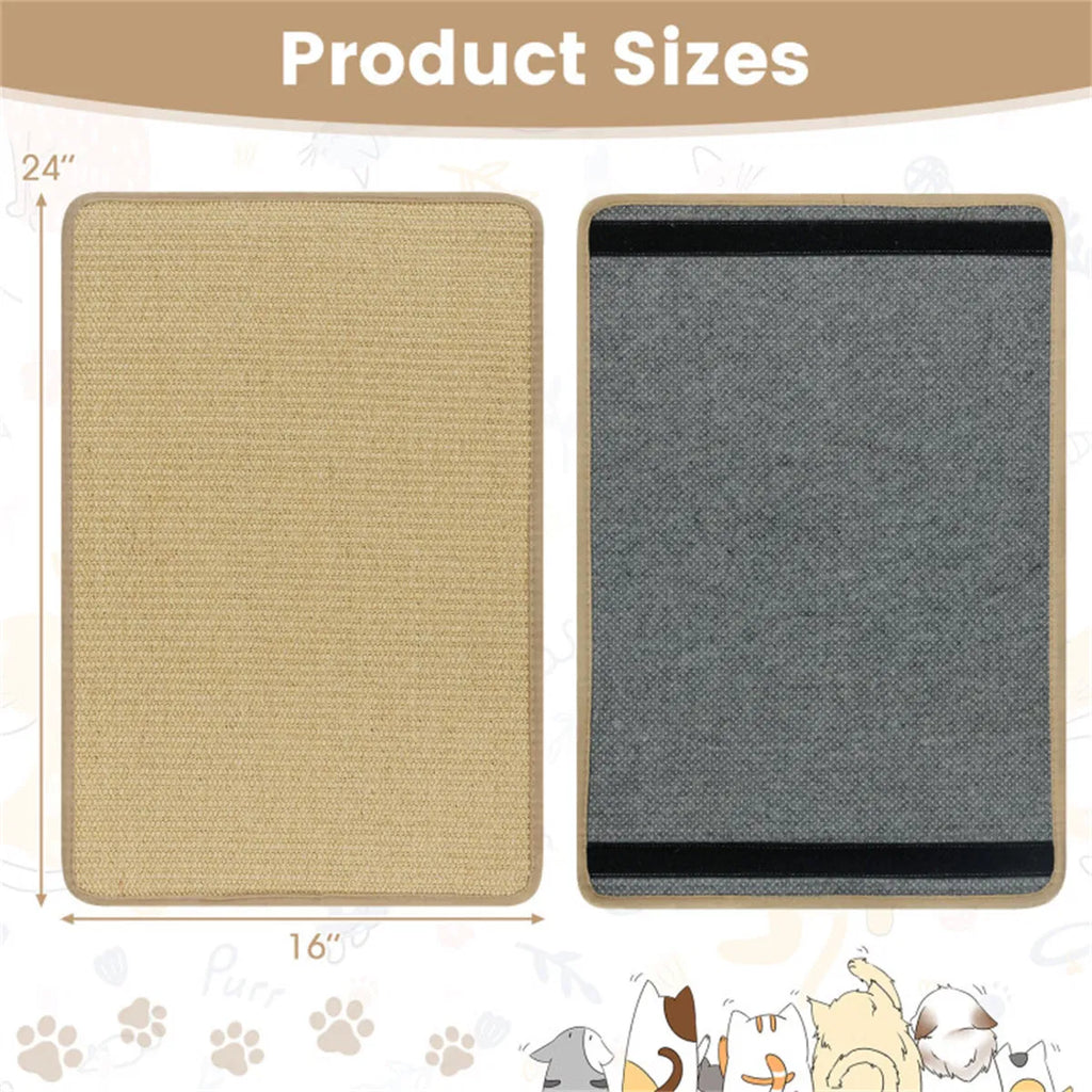Product Sizes infographic showing the sisal mat's 24 by 16 inch dimensions, front and back