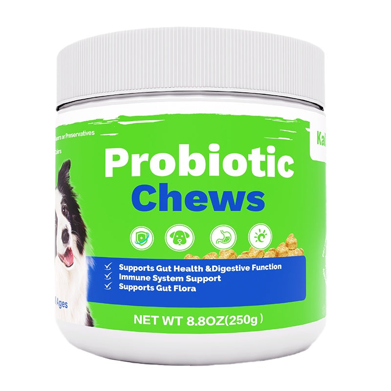 Probiotic Chews jar for dogs with green and blue label design